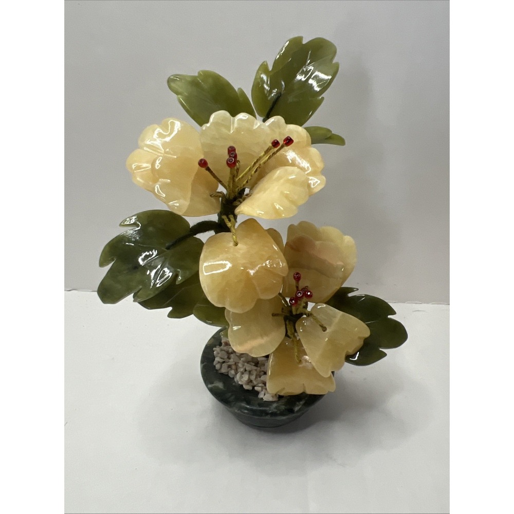 Vintage Carved Jade & Stone Miniature Flower Arrangement Bonsai Tree 5 x 2"